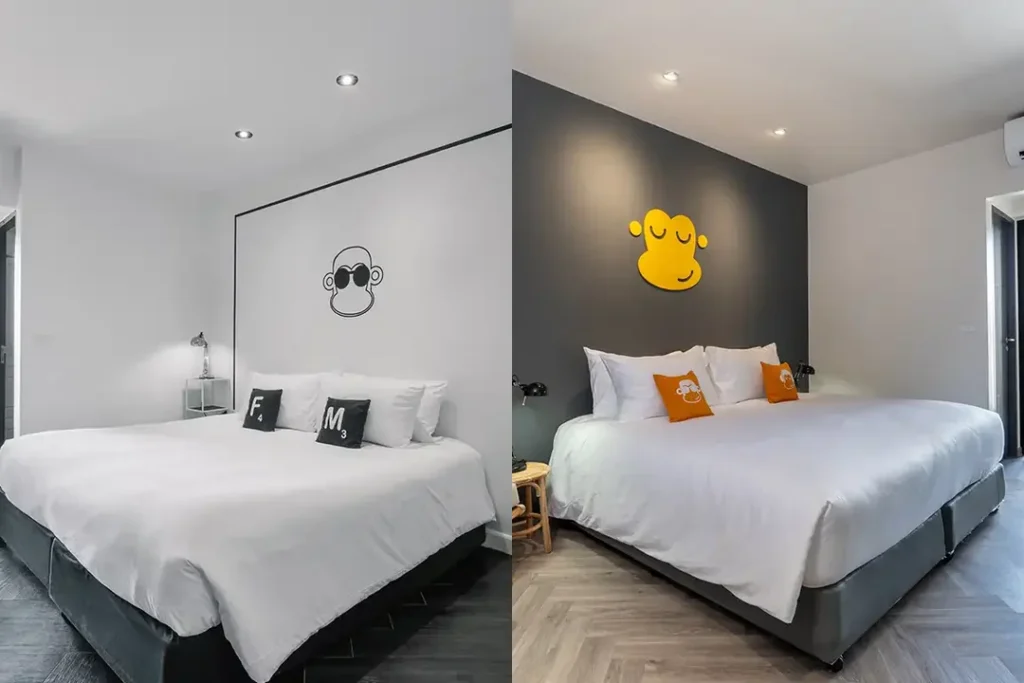 Side-by-side Blu Monkey hotel rooms representing Phuket and Krabi stays