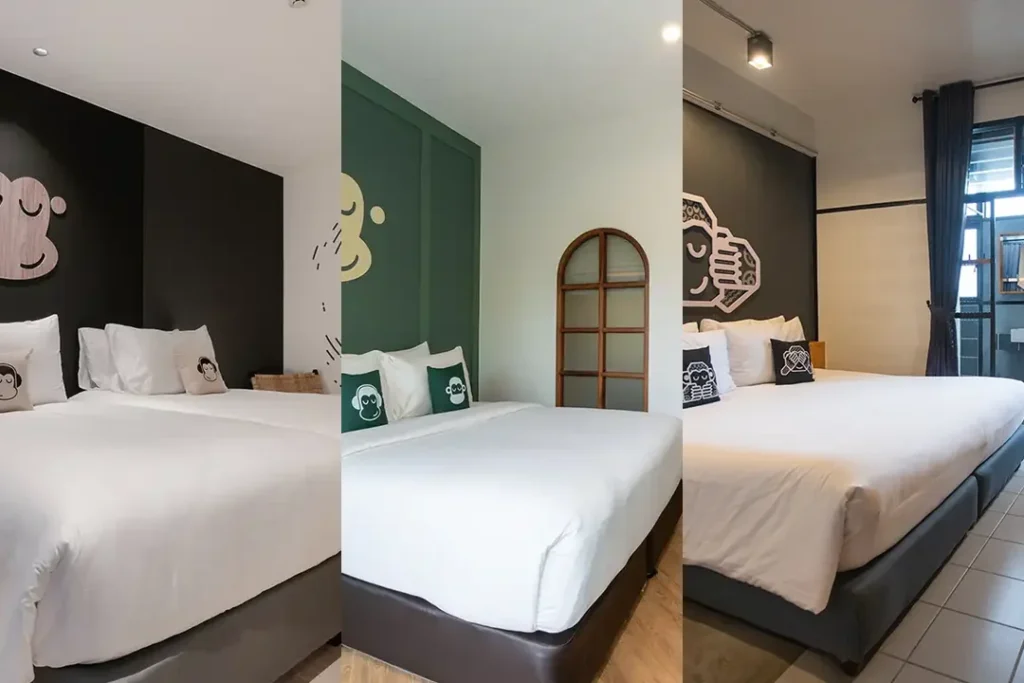 Three Blu Monkey hotel rooms representing Phuket, Krabi and Surat Thani stops